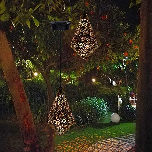 2 Pack Solar Hanging Lights, Solar Powered Retro Lantern with Handle, Warm White LED Christmas Garden Lights, Metal Diamond Shape Lamp Waterproof for Outdoor for Yard Tree Fence Patio