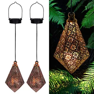 2 Pack Solar Hanging Lights, Solar Powered Retro Lantern with Handle, Warm White LED Christmas Garden Lights, Metal Diamond Shape Lamp Waterproof for Outdoor for Yard Tree Fence Patio