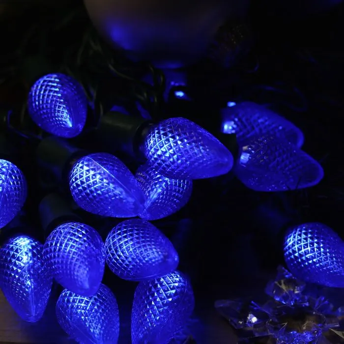 25-light C7 Blue LED Christmas Lights, 8" Spacing Green Wire