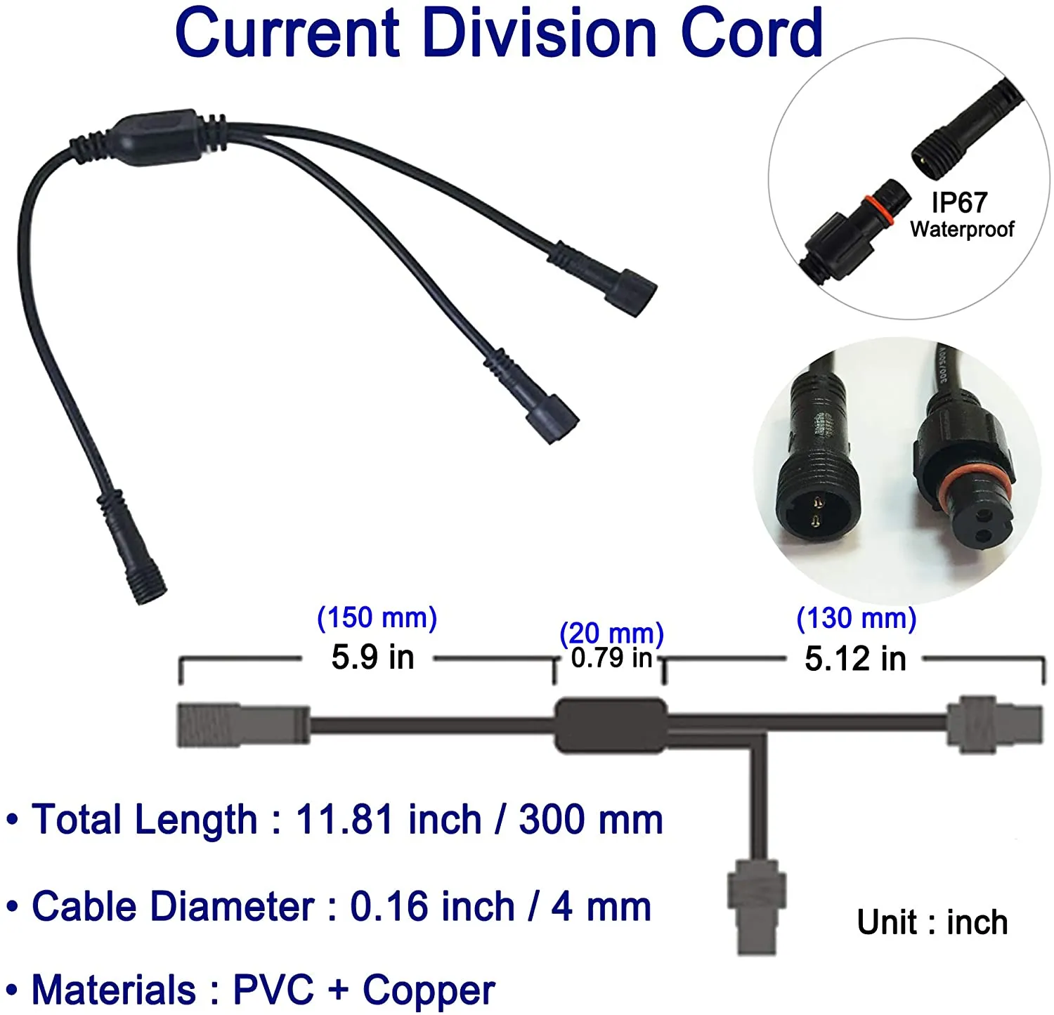 2pcs Pack 1-2 Splitter Current Division Cord, with Waterproof Male and Female Connector, Copper Core Wire,Lighting Accessories Fittings for LED Inground/Step Stair/Underwater Swimming Pool Lights