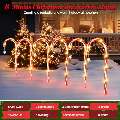 BONLION 24 Pack Christmas Decorations Outside, 56.5ft Long Solar Candy Cane Lights 8 Modes Christmas Lights Outdoor with 144 LED & Bright Star, Waterproof Yard Pathway Outdoor Christmas Decorations