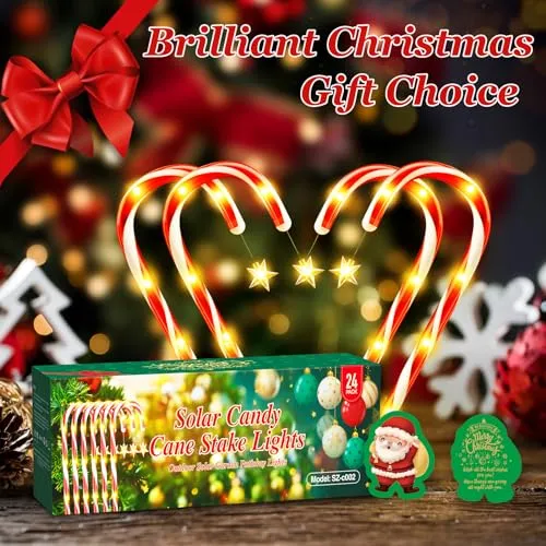 BONLION 24 Pack Christmas Decorations Outside, 56.5ft Long Solar Candy Cane Lights 8 Modes Christmas Lights Outdoor with 144 LED & Bright Star, Waterproof Yard Pathway Outdoor Christmas Decorations