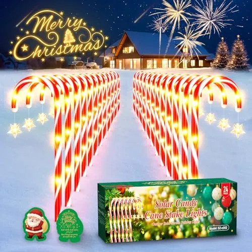 BONLION 24 Pack Christmas Decorations Outside, 56.5ft Long Solar Candy Cane Lights 8 Modes Christmas Lights Outdoor with 144 LED & Bright Star, Waterproof Yard Pathway Outdoor Christmas Decorations