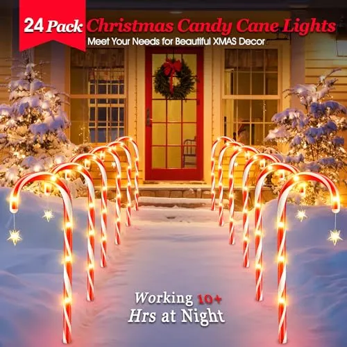 BONLION 24 Pack Christmas Decorations Outside, 56.5ft Long Solar Candy Cane Lights 8 Modes Christmas Lights Outdoor with 144 LED & Bright Star, Waterproof Yard Pathway Outdoor Christmas Decorations