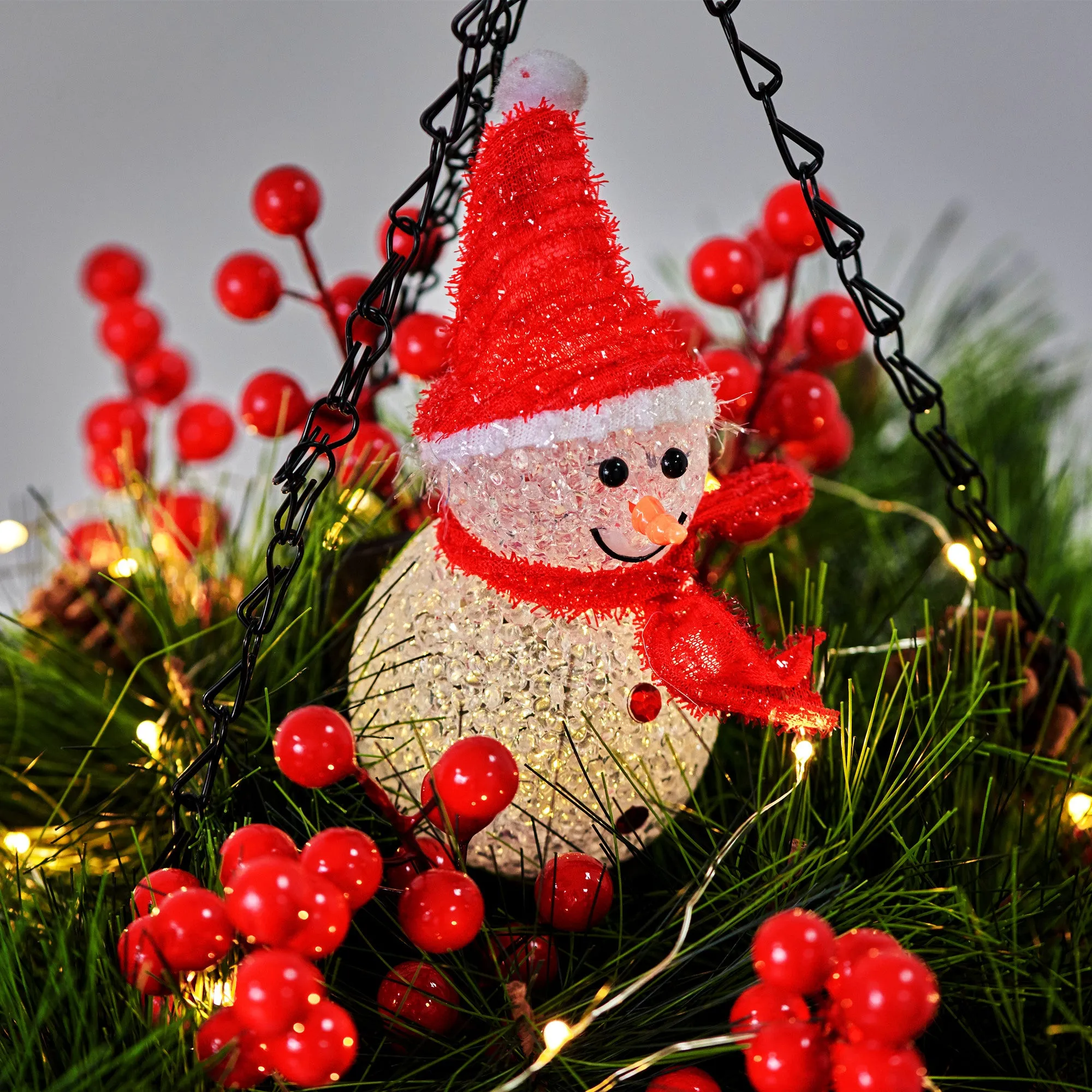 Bulk Pre-Lit Artificial Christmas Flowers Hanging Basket with Snowman Solar Lights for Outdoors and Indoors Wholesale