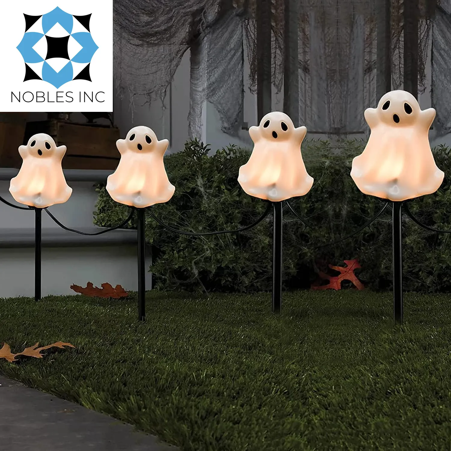 C7 Outdoor Halloween Ghosts Pathway Marker Lights, 4 White Ghost Lights with 4 Stakes, 7Ft Extendable Pathway String Lights Waterproof for Halloween Lawn Walkway Driveway Markers Lighting