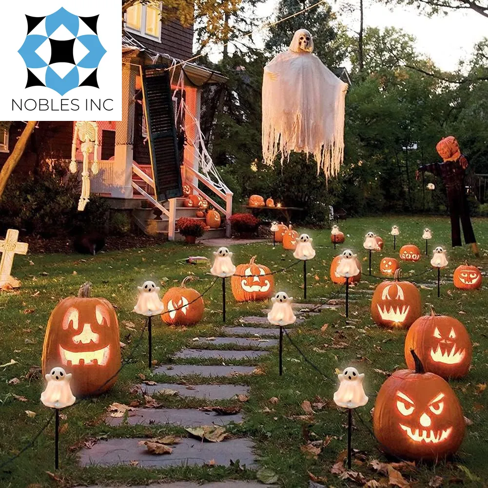 C7 Outdoor Halloween Ghosts Pathway Marker Lights, 4 White Ghost Lights with 4 Stakes, 7Ft Extendable Pathway String Lights Waterproof for Halloween Lawn Walkway Driveway Markers Lighting