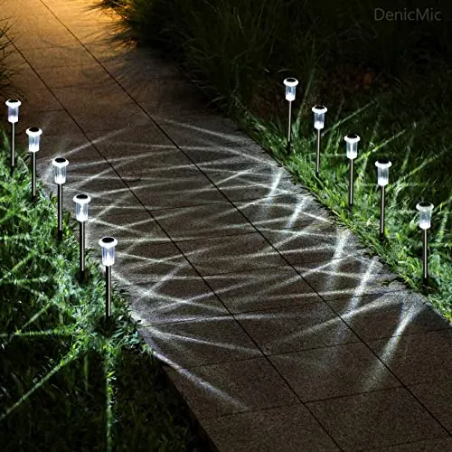 DenicMic Solar Pathway Lights Outdoor 10 Pack LED Waterproof Stainless Steel Garden Stake Lights for Path, Walkway, Driveway, Yard, Patio, Garden Decor (Cold White)