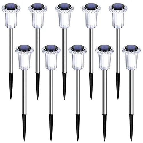 DenicMic Solar Pathway Lights Outdoor 10 Pack LED Waterproof Stainless Steel Garden Stake Lights for Path, Walkway, Driveway, Yard, Patio, Garden Decor (Cold White)