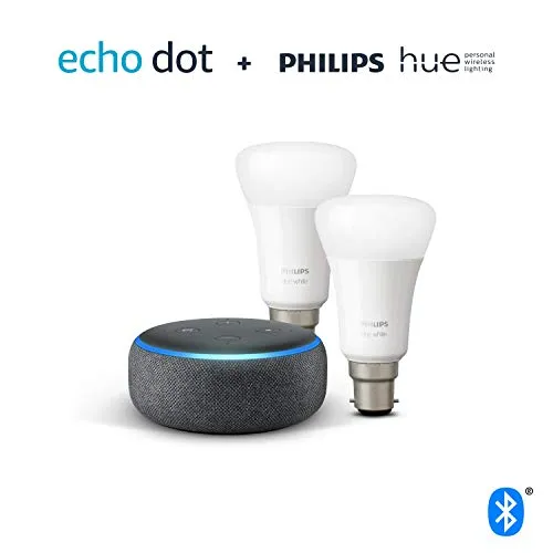 Echo Dot (3rd Gen), Charcoal Fabric   Philips Hue White Smart Bulb Twin Pack LED (B22) | Bluetooth & ZigBee compatible (no hub required)