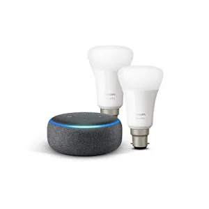 Echo Dot (3rd Gen), Charcoal Fabric   Philips Hue White Smart Bulb Twin Pack LED (B22) | Bluetooth & ZigBee compatible (no hub required)