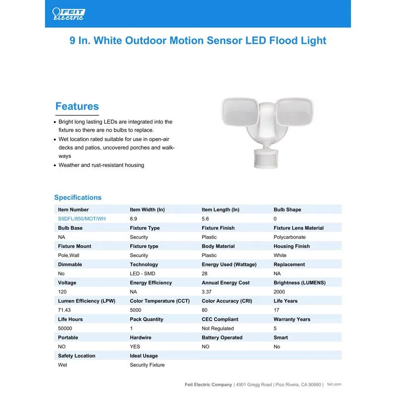 Feit LED Motion-Sensing Hardwired LED White Security Floodlight