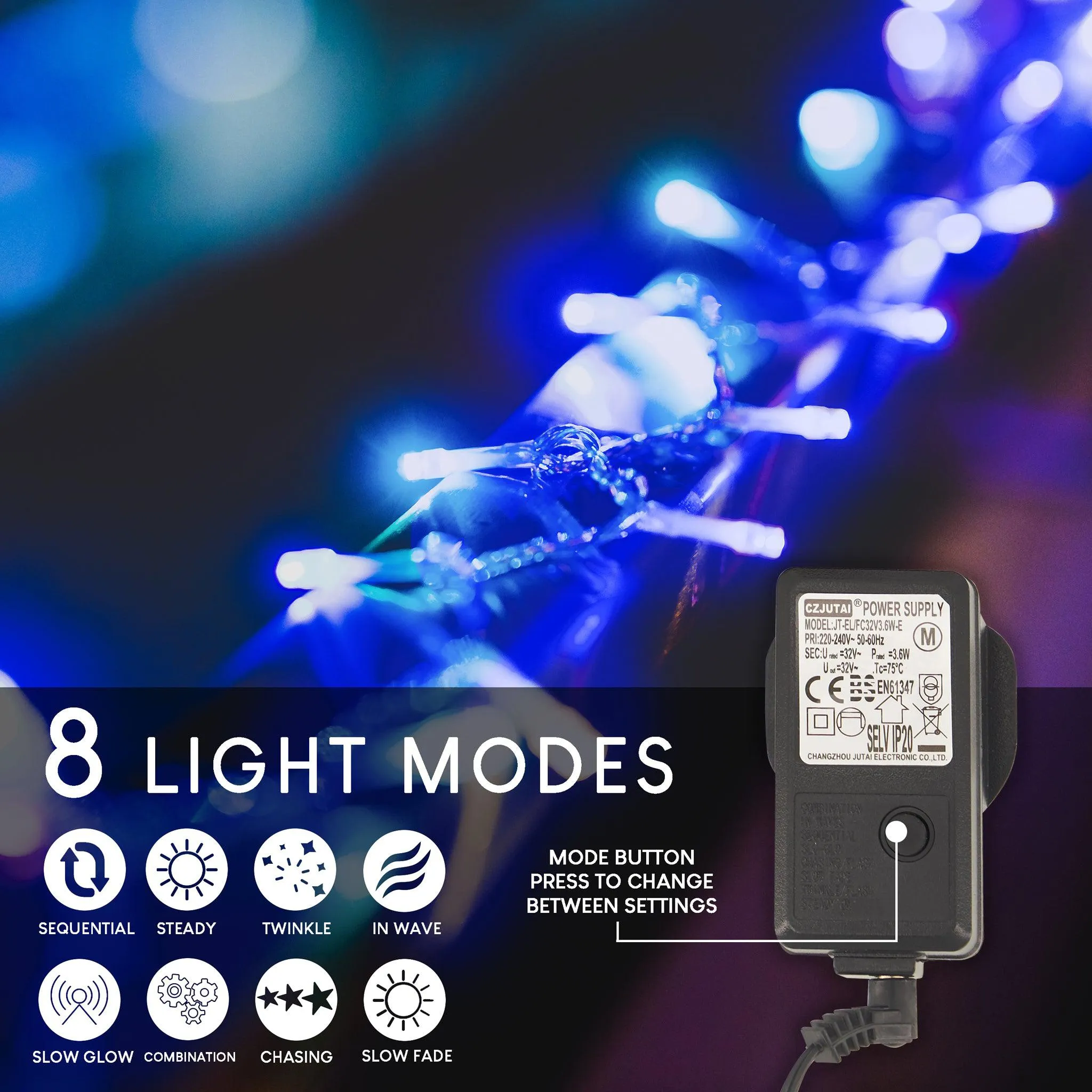 Indoor/Outdoor 8 Function LED Waterproof Fairy Lights with Clear Cable (800 Lights - 60M Cable) - Blue