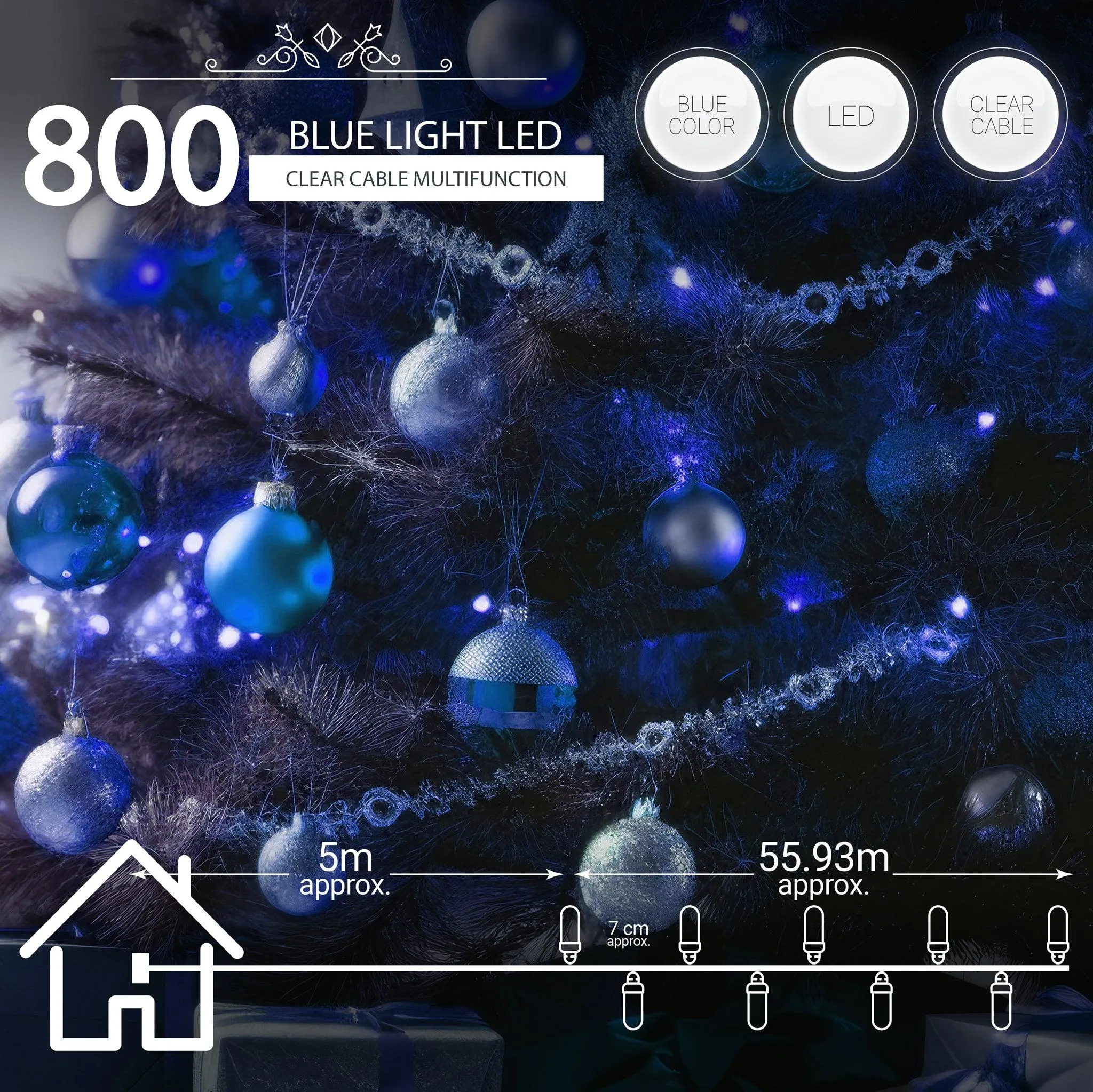 Indoor/Outdoor 8 Function LED Waterproof Fairy Lights with Clear Cable (800 Lights - 60M Cable) - Blue