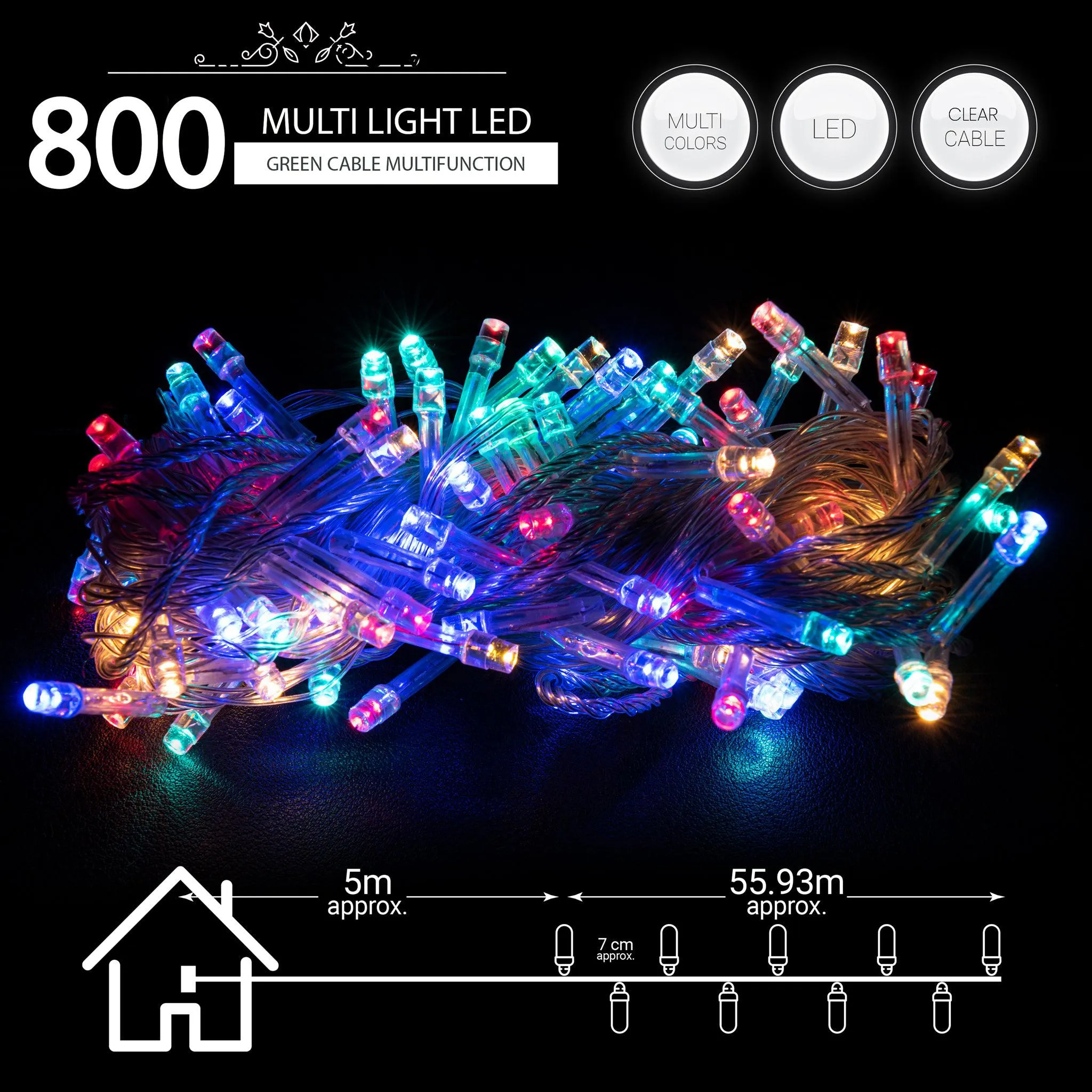 Indoor/Outdoor 8 Function LED Waterproof Fairy Lights with Clear Cable (800 Lights - 60M Cable) - Multicoloured