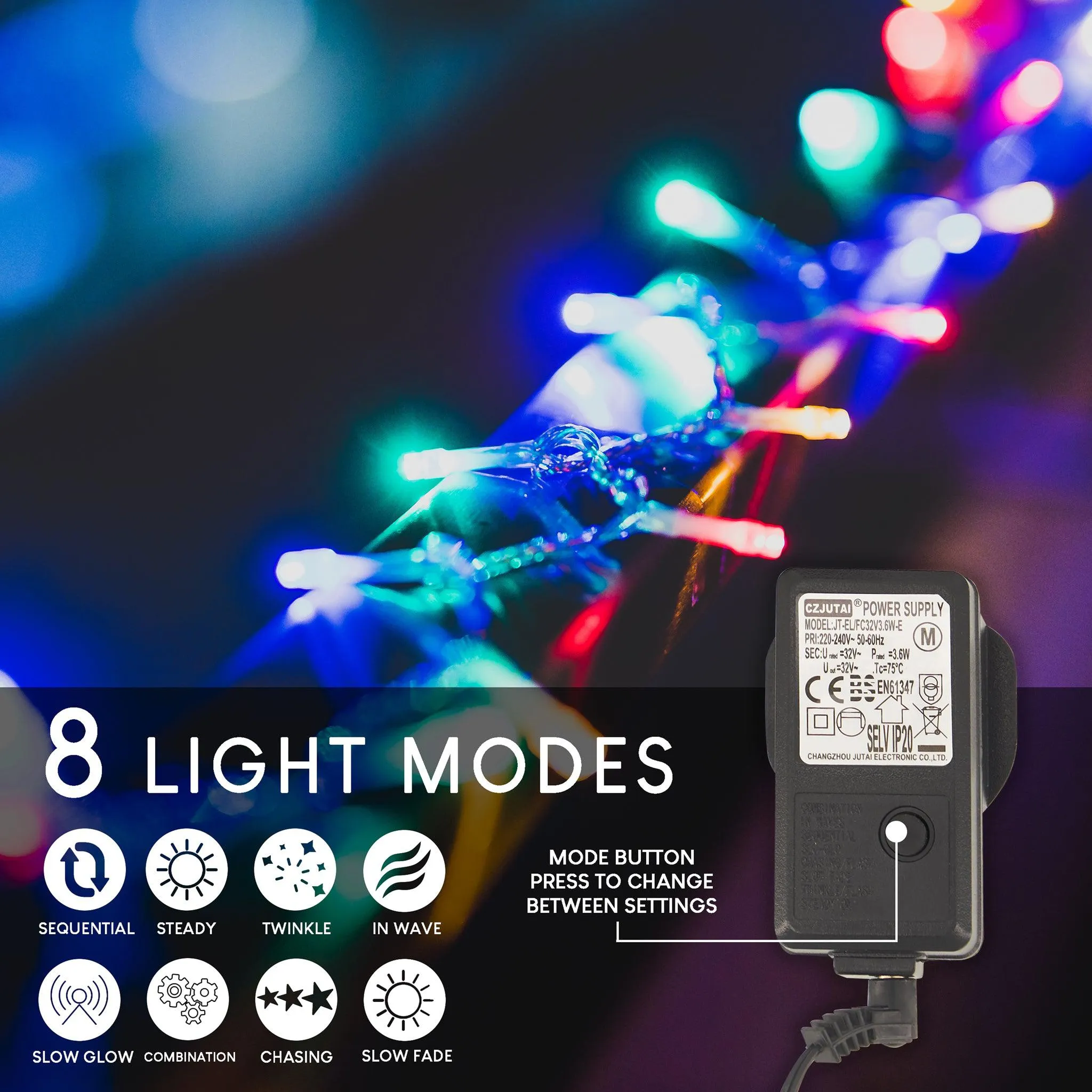 Indoor/Outdoor 8 Function LED Waterproof Fairy Lights with Clear Cable (800 Lights - 60M Cable) - Multicoloured