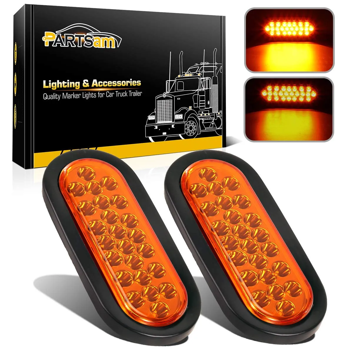 Partsam 2pcs 6 inch Oval Amber LED Trailer Lights 24LED, 6" Oval Led Turn Signal and Parking Lights Flush Grommet Mount Sealed 12V RV Truck Trailer Pickup Front Bumper Lights Lamps Waterproof