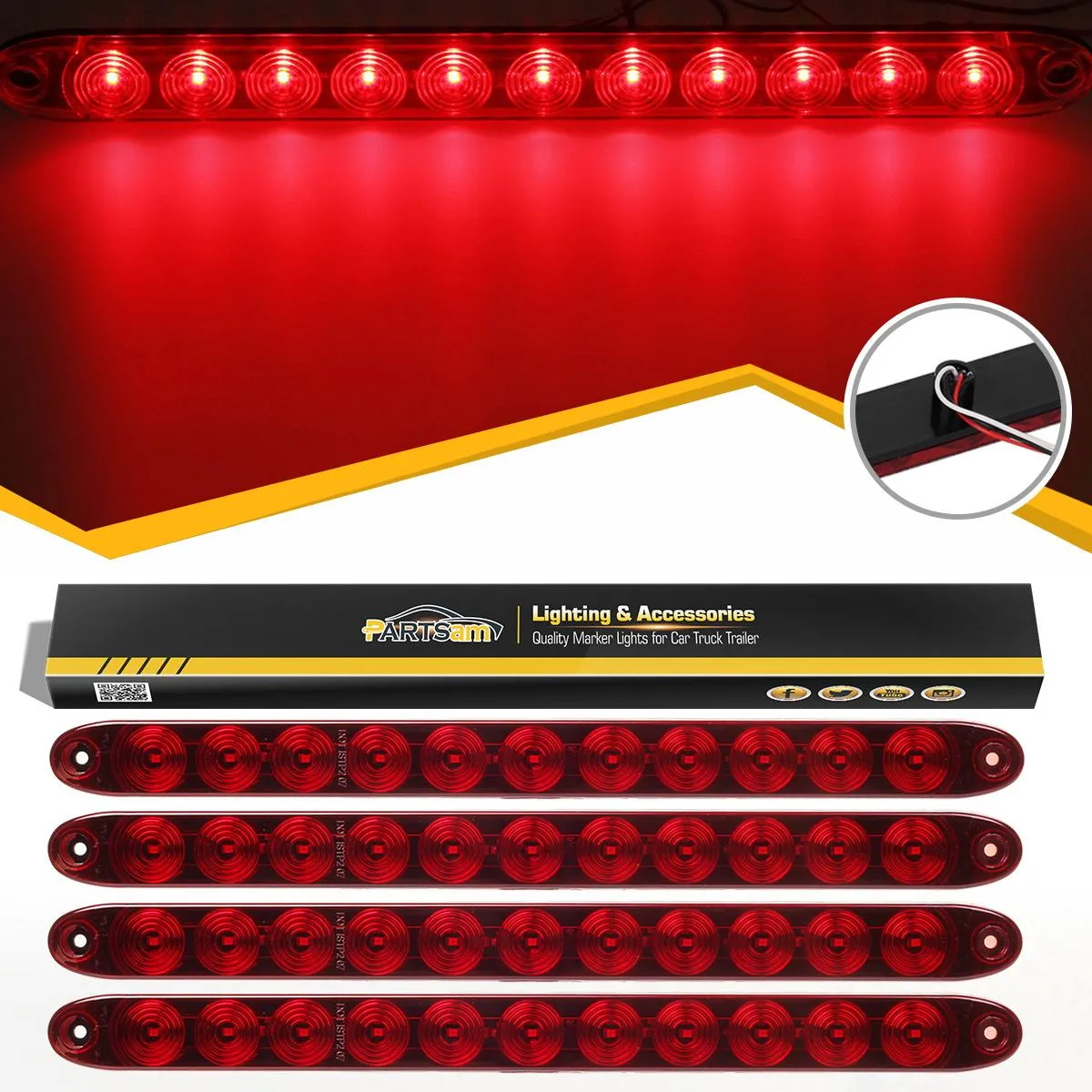 Partsam 4pcs Red 15inch Inch Sealed 11 LED Third Brake Light Bar Stop Turn Signal Tail 3rd Brake Light ID Bar Truck Trailer RV Camper Waterproof