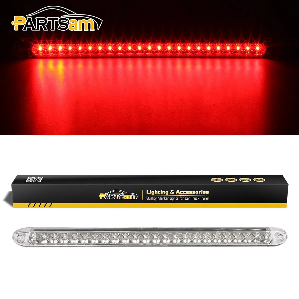 Partsam Submersible 17" Clear Lens Red 23 LED Trailer Truck RV Stop Turn Tail Rear 3rd Brake Identification Light Bar