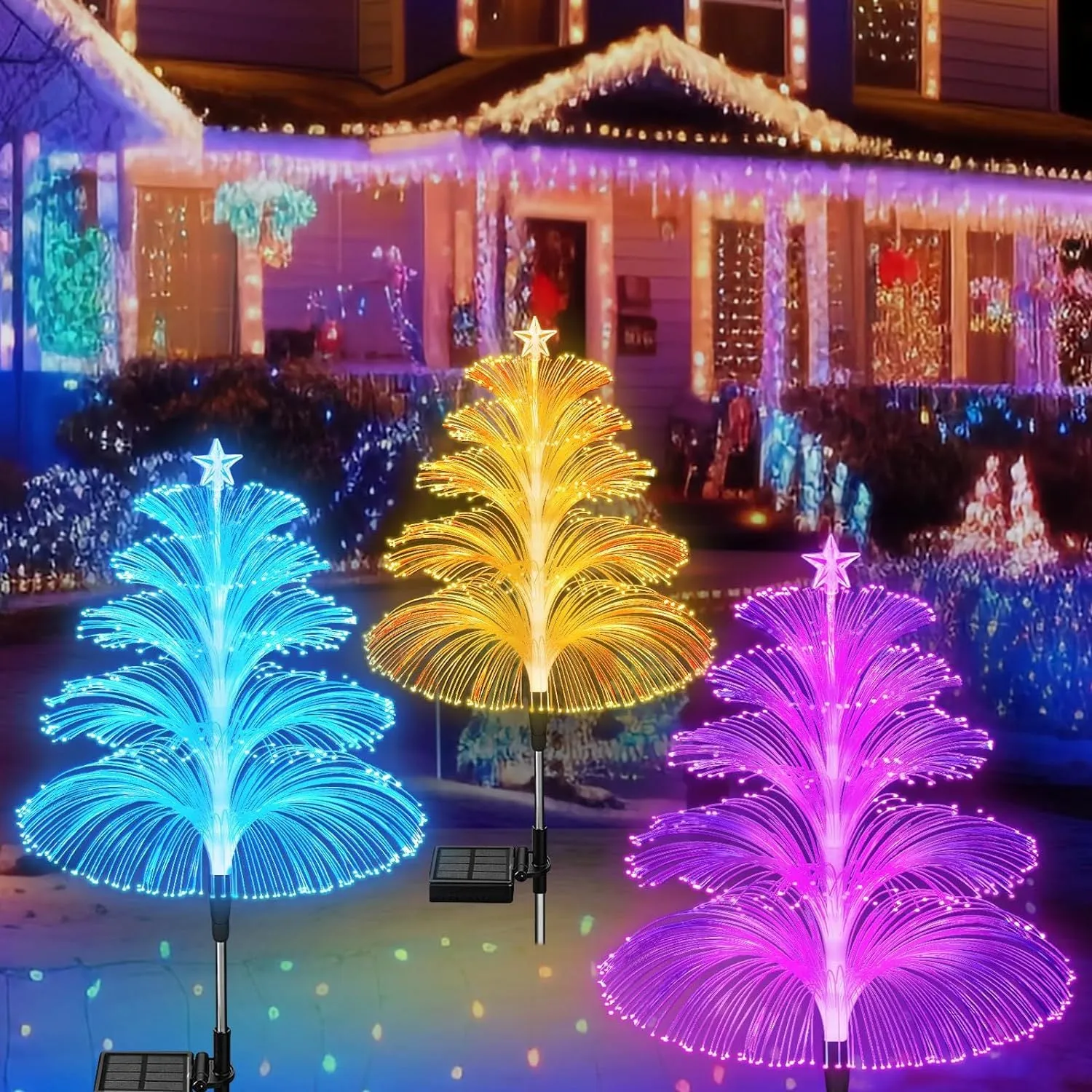 Quntis Solar 5-Layer Fiber Optic Fountain Lights – 4-Pack Waterproof Outdoor Christmas Decor, LED 5-Layer Fiber Lawn Lights for Holiday Ambiance