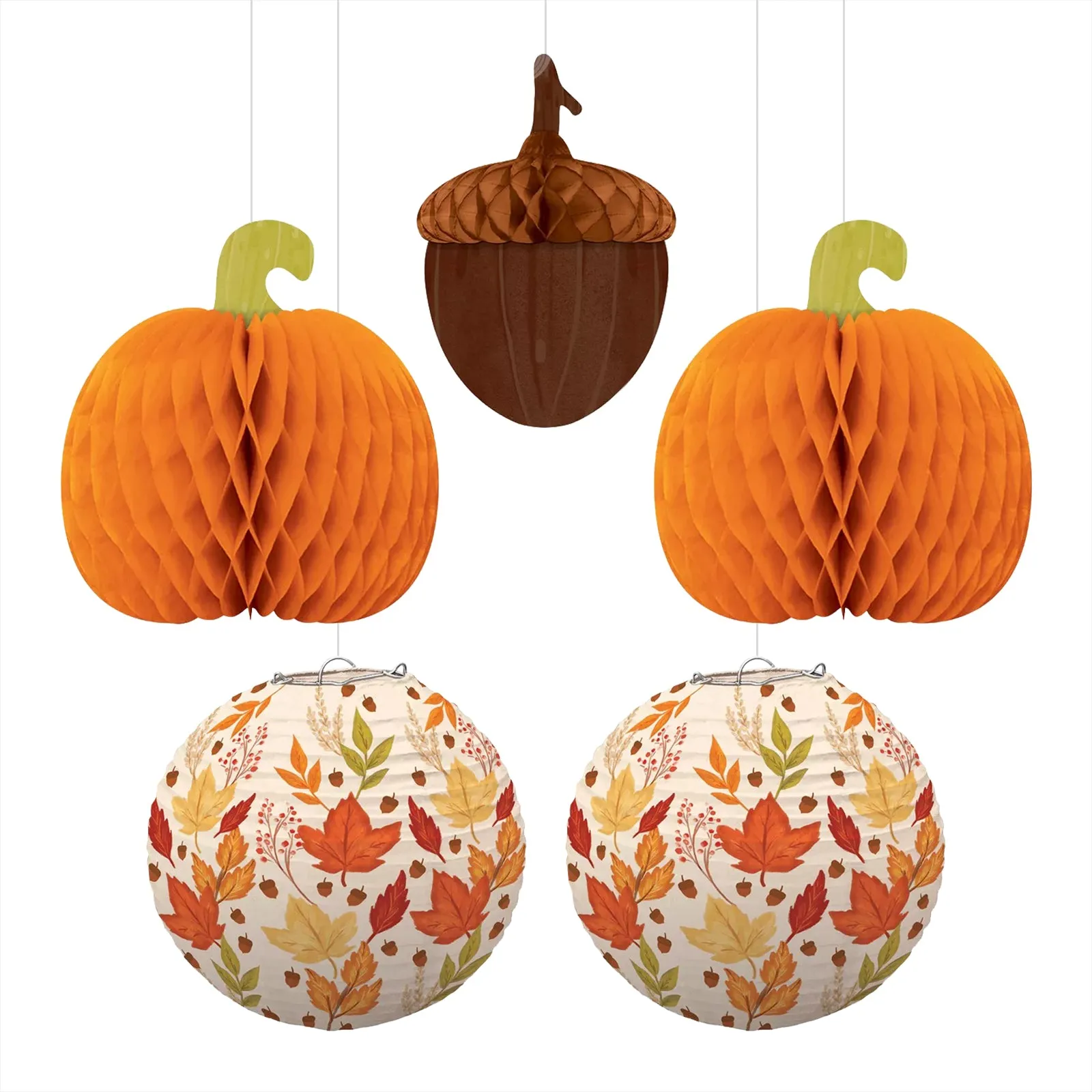 Seasonal Harvest Hanging Bouquet with Paper Pumpkins, Fall Leaves, and Acorn Set (5 Piece Set)