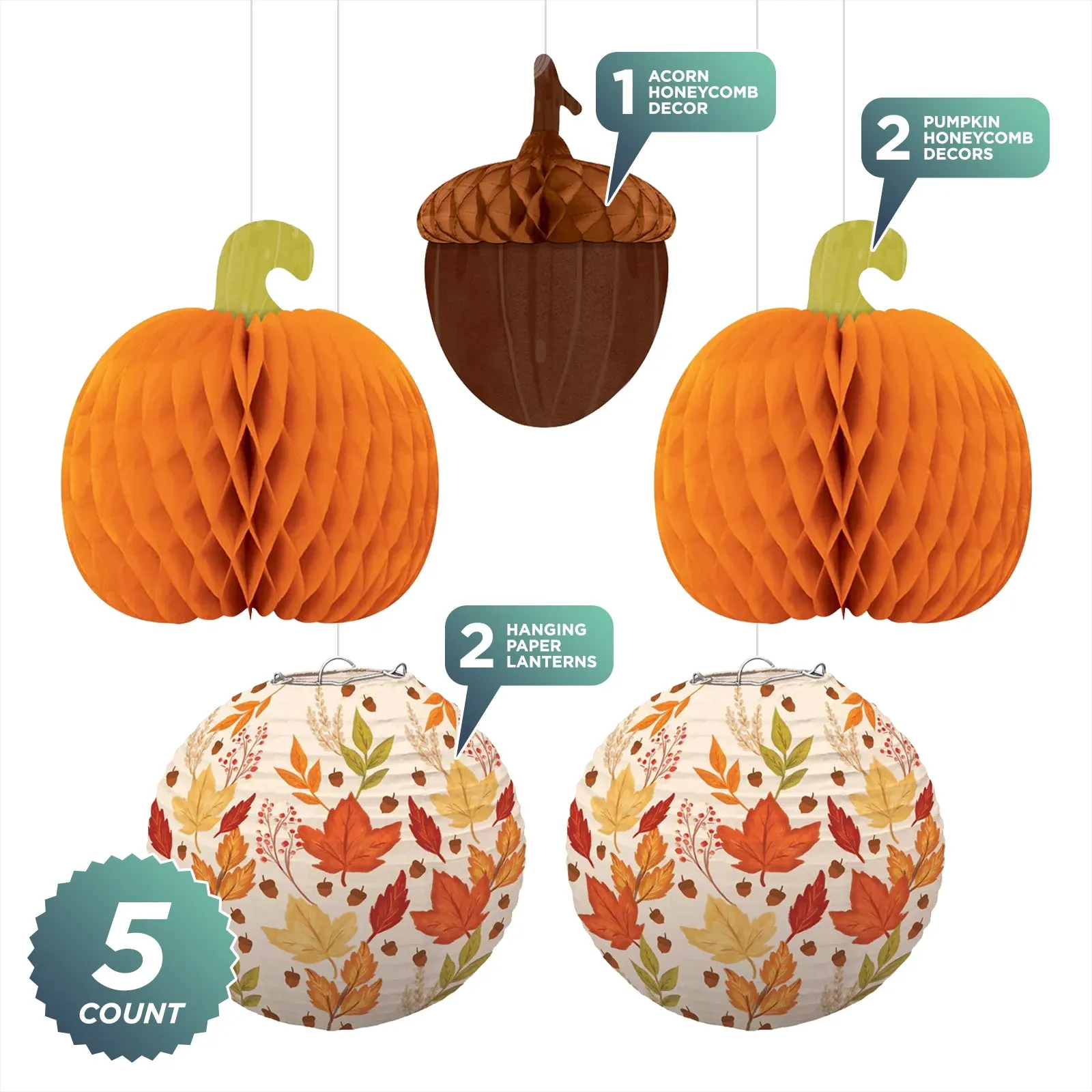 Seasonal Harvest Hanging Bouquet with Paper Pumpkins, Fall Leaves, and Acorn Set (5 Piece Set)