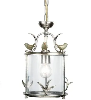 Silver Metal & Glass Hanging Lantern With Sparrow