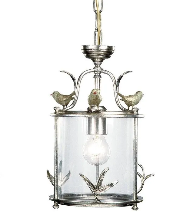 Silver Metal & Glass Hanging Lantern With Sparrow