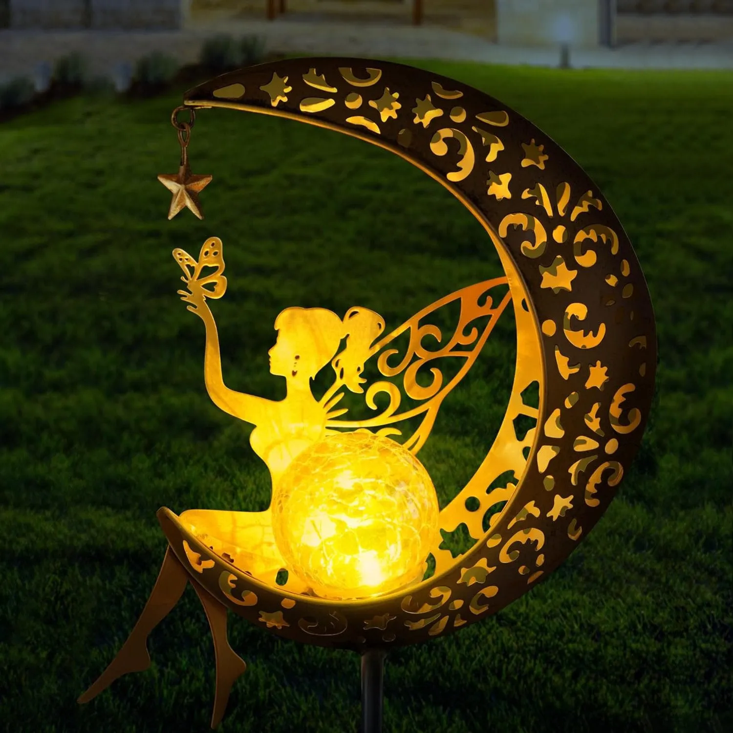 Solar Garden Statues Outdoor Decor, Fairy Moon Figurine Light Stake, Housewarming Ornament for Patio, Lawn, Yard, Pathway - Unique Gift Ideas for Garden