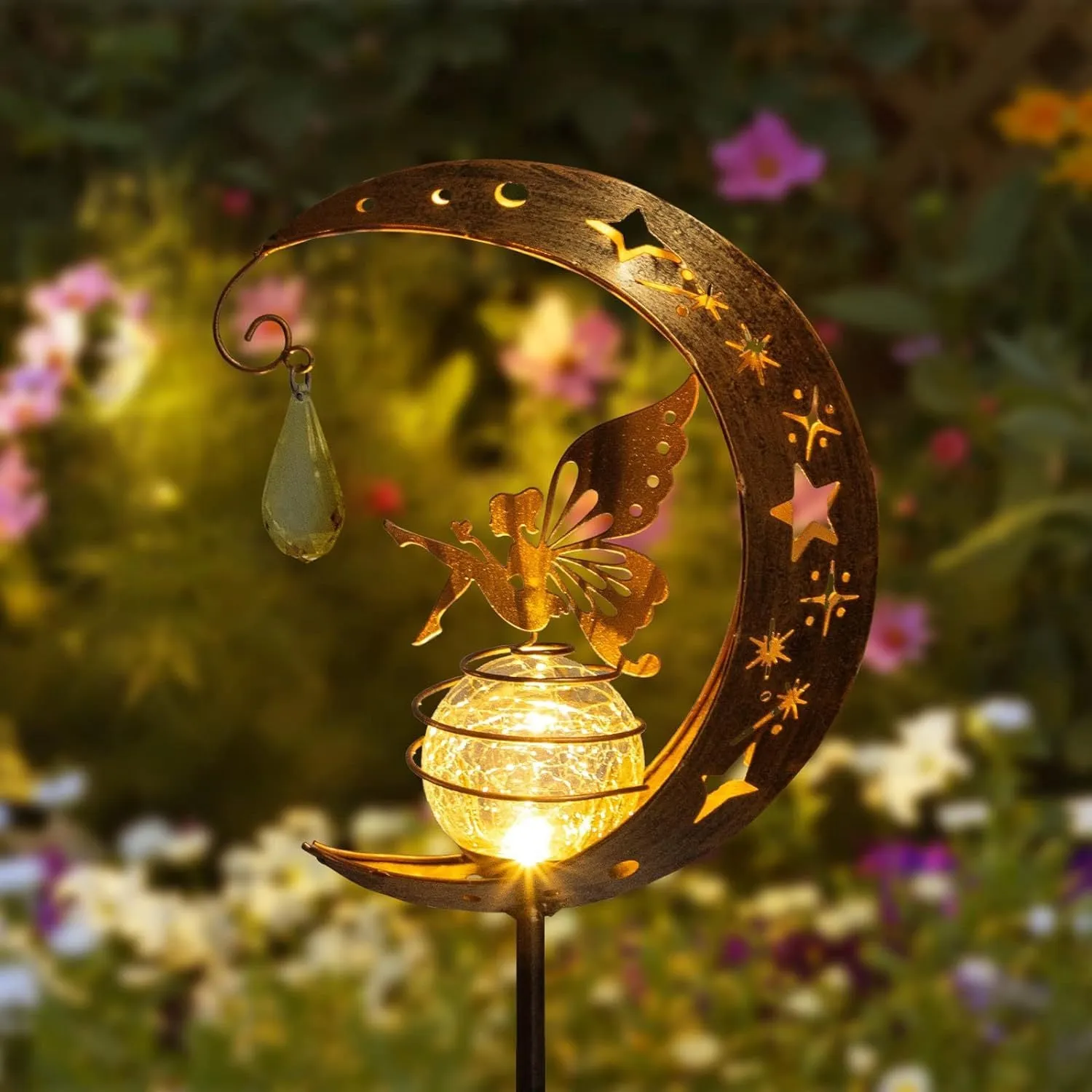 Solar Garden Statues Outdoor Decor, Fairy Moon Figurine Light Stake, Housewarming Ornament for Patio, Lawn, Yard, Pathway - Unique Gift Ideas for Garden