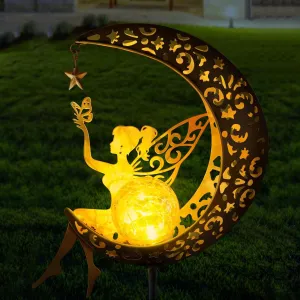 Solar Garden Statues Outdoor Decor, Fairy Moon Figurine Light Stake, Housewarming Ornament for Patio, Lawn, Yard, Pathway - Unique Gift Ideas for Garden