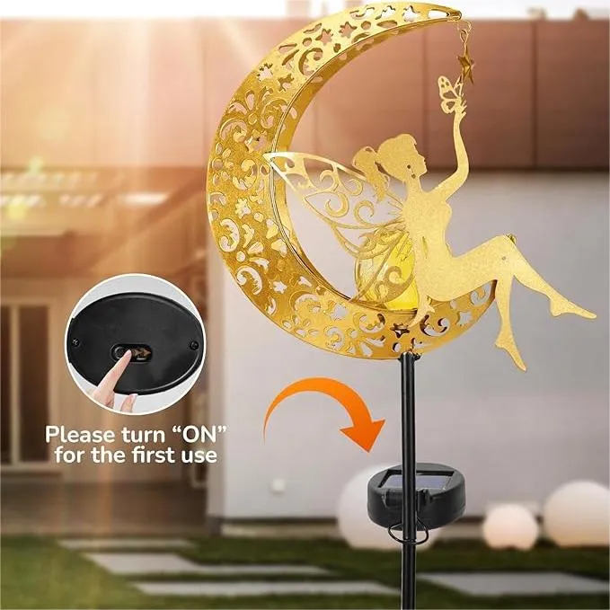 Solar Garden Statues Outdoor Decor, Fairy Moon Figurine Light Stake, Housewarming Ornament for Patio, Lawn, Yard, Pathway - Unique Gift Ideas for Garden