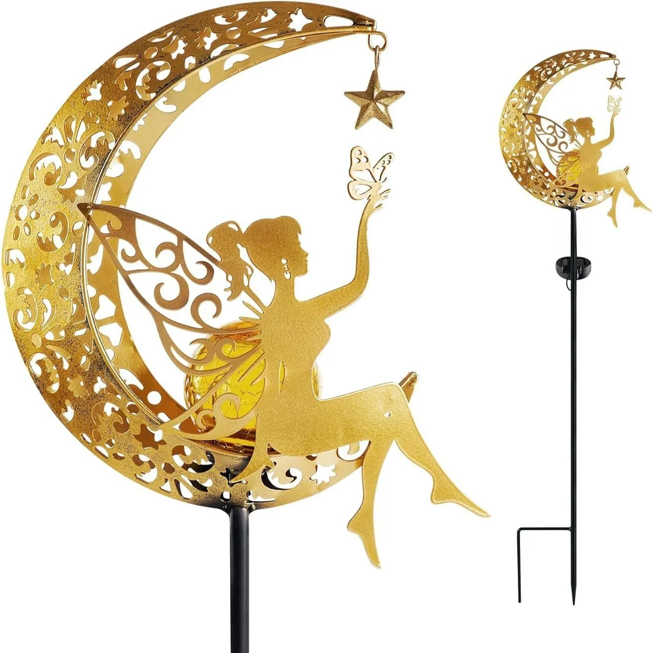 Solar Garden Statues Outdoor Decor, Fairy Moon Figurine Light Stake, Housewarming Ornament for Patio, Lawn, Yard, Pathway - Unique Gift Ideas for Garden