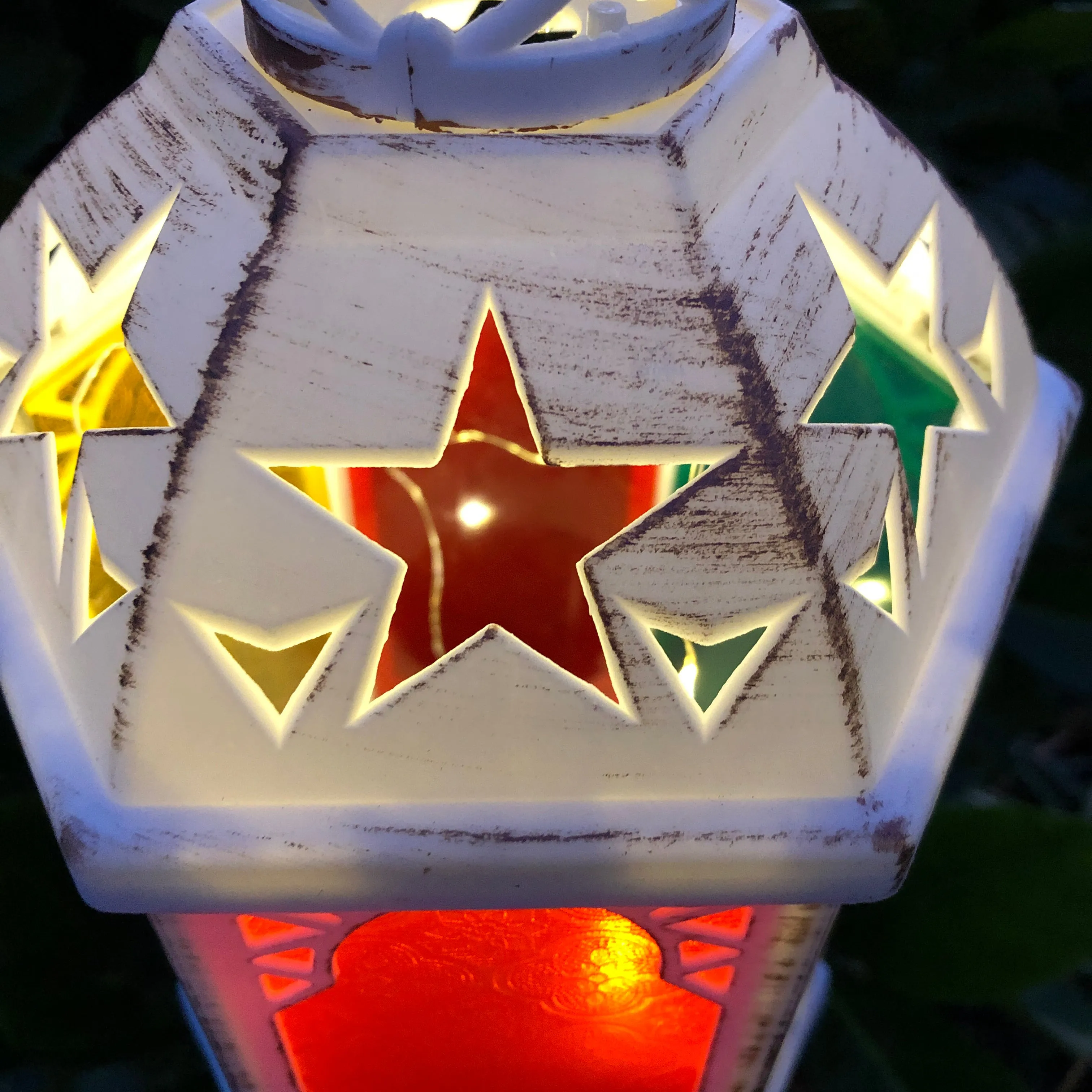 Tall Hexagon LED Lantern with coloured panels (16.5 x 37.5cm)