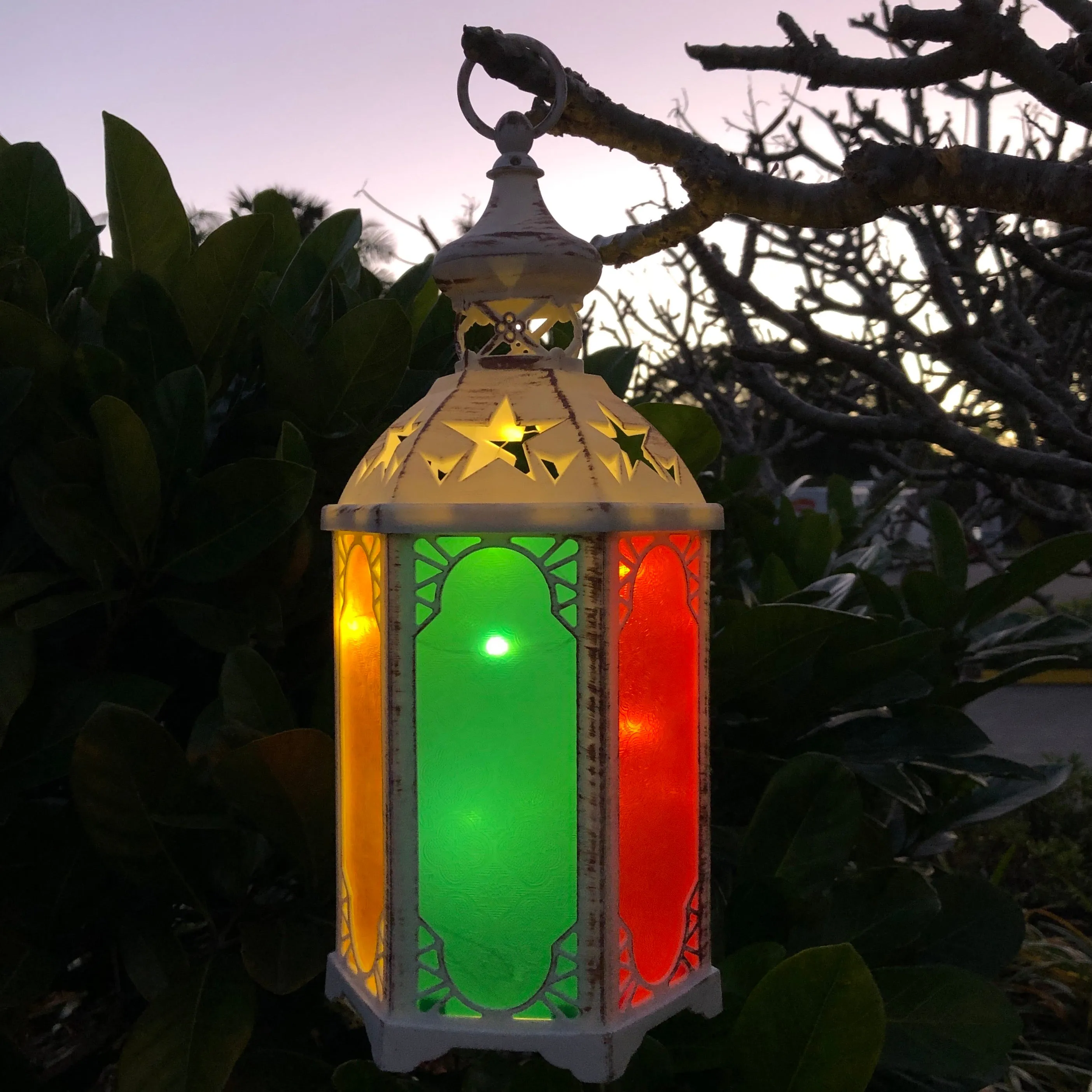 Tall Hexagon LED Lantern with coloured panels (16.5 x 37.5cm)