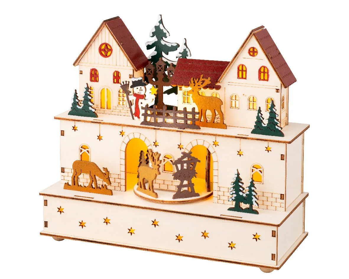 Three Kings 21cm Wooden Village with Reindeer, Snowman & Trees - LED Lights & Music