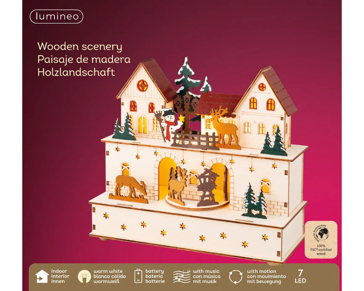 Three Kings 21cm Wooden Village with Reindeer, Snowman & Trees - LED Lights & Music